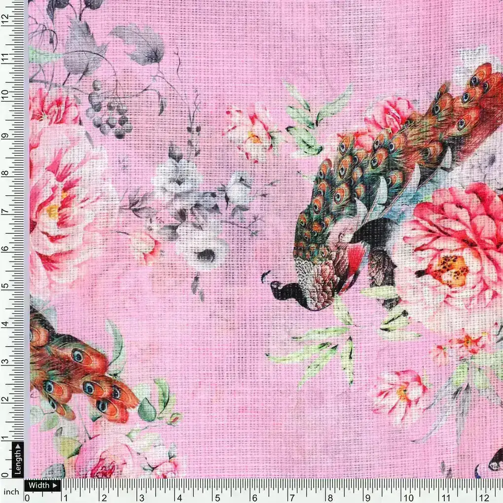 Pink Peacock Floral Digital Printed Kota Doria Fabric - Image 4