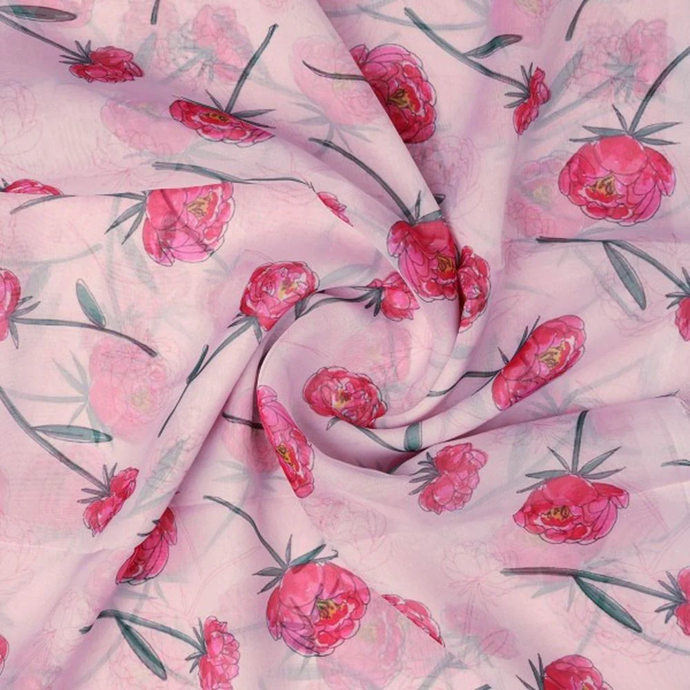 Pink Peony Floral Watercolour Print Organza Fabric - Image 2