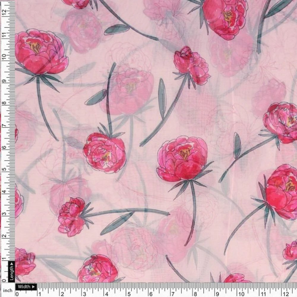 Pink Peony Floral Watercolour Print Organza Fabric - Image 4