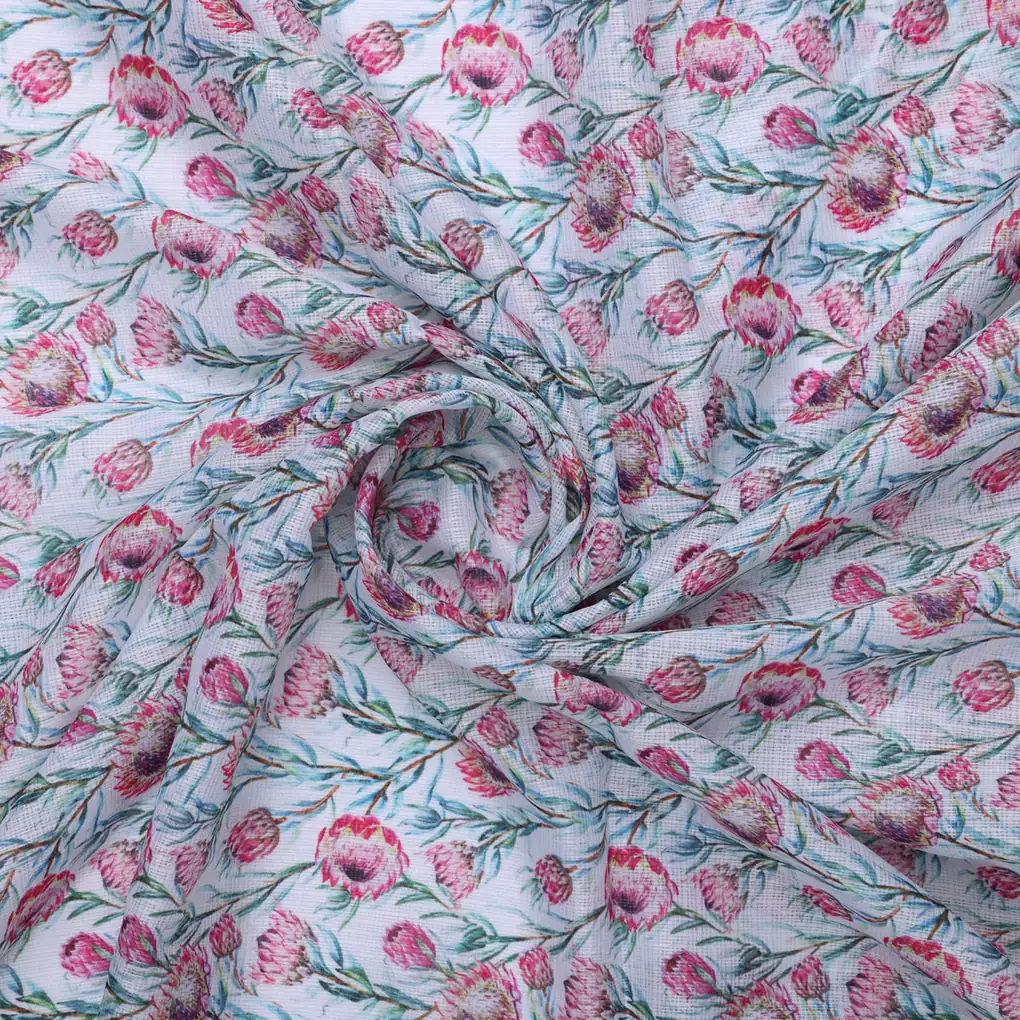Pink Protea Floral Printed Kota Doria Fabric - Image 3