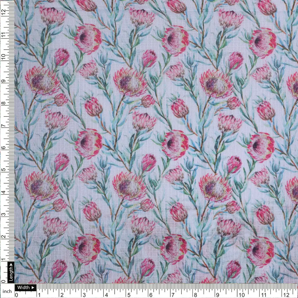 Pink Protea Floral Printed Kota Doria Fabric - Image 4