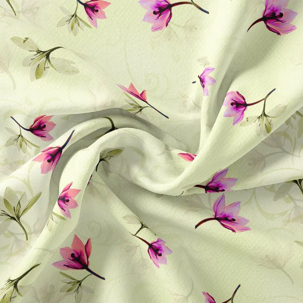 Pink Red Floating Flower On Lemon Yellow Digital Printed Fabric - Image 2