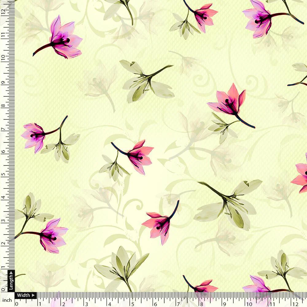 Pink Red Floating Flower On Lemon Yellow Digital Printed Fabric - Image 4