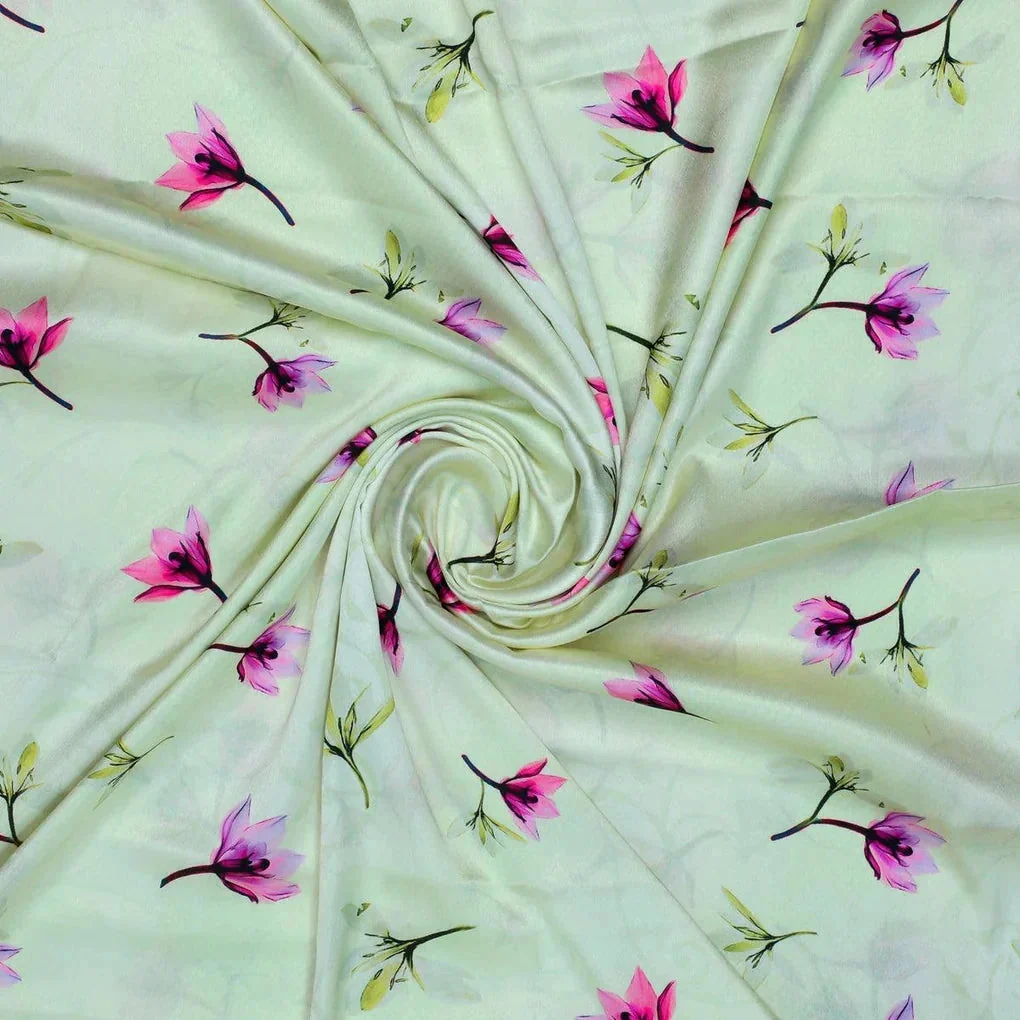 Pink Red Floating Flower On Lemon Yellow Digital Printed Fabric  - Japan Satin - Image 2