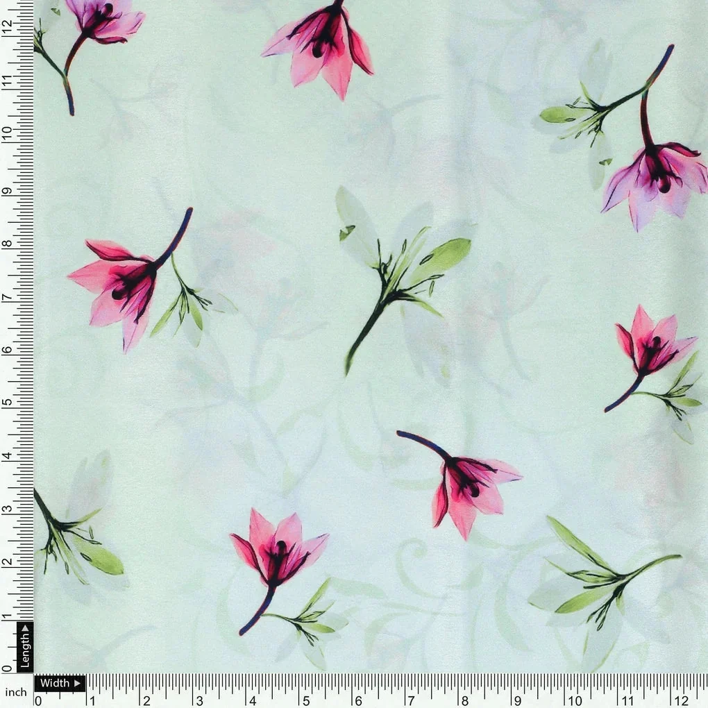 Pink Red Floating Flower On Lemon Yellow Digital Printed Fabric  - Japan Satin - Image 4