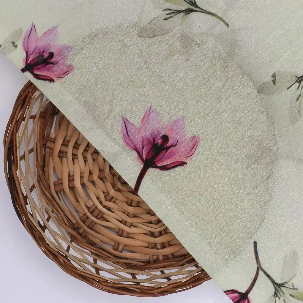 Pink Red Floating Flower On Lemon Yellow Digital Printed Fabric  - Kora Silk - Image 2