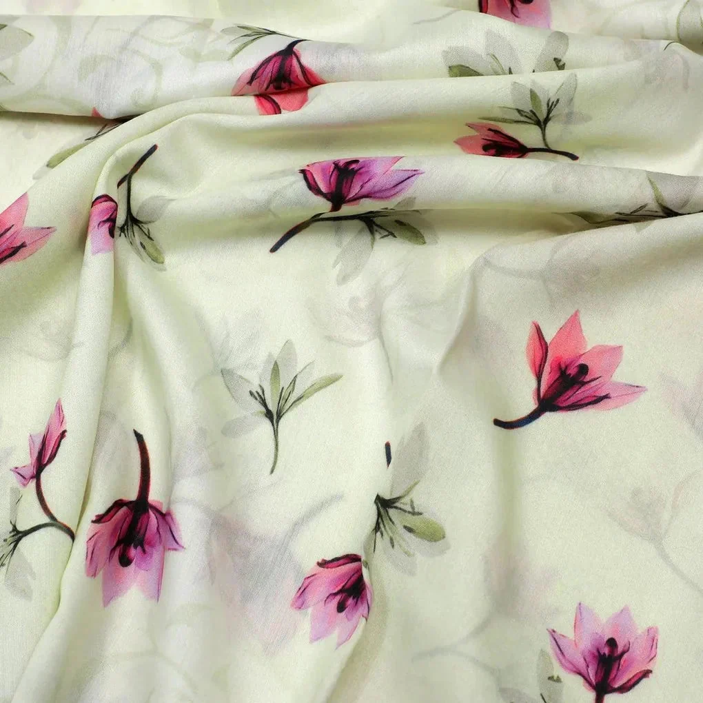 Pink Red Floating Flower On Lemon Yellow Digital Printed Fabric  - Kora Silk - Image 3