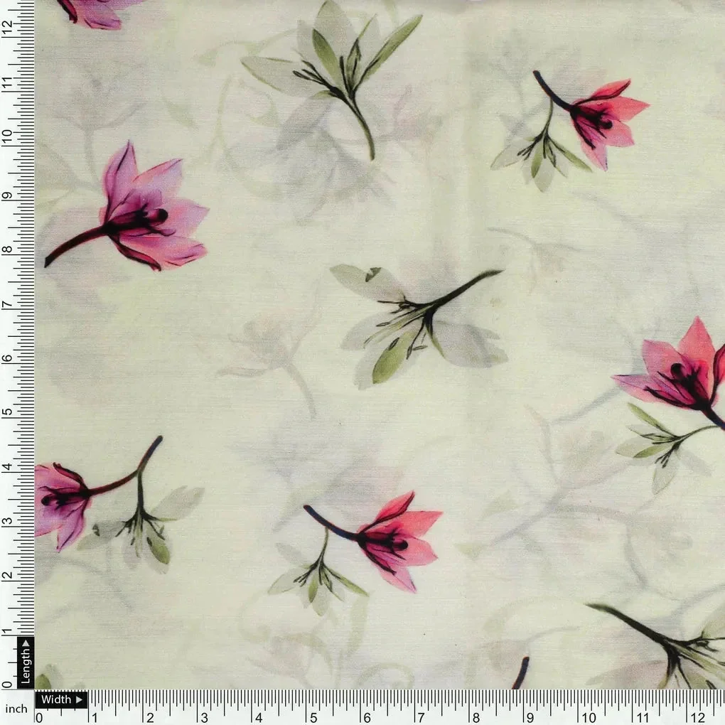Pink Red Floating Flower On Lemon Yellow Digital Printed Fabric  - Kora Silk - Image 4