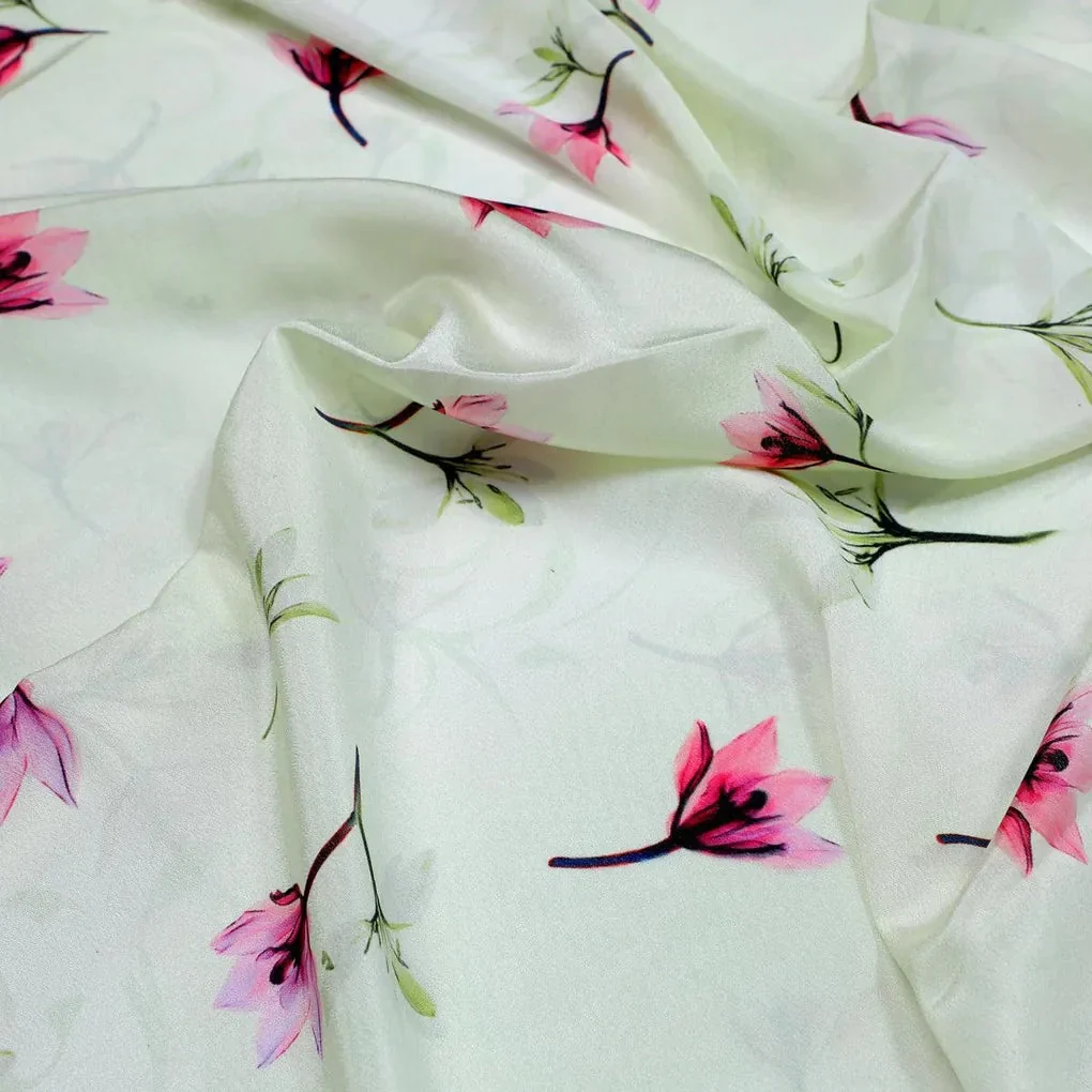 Pink Red Floating Flower On Lemon Yellow Digital Printed Fabric  - Crepe - Image 3