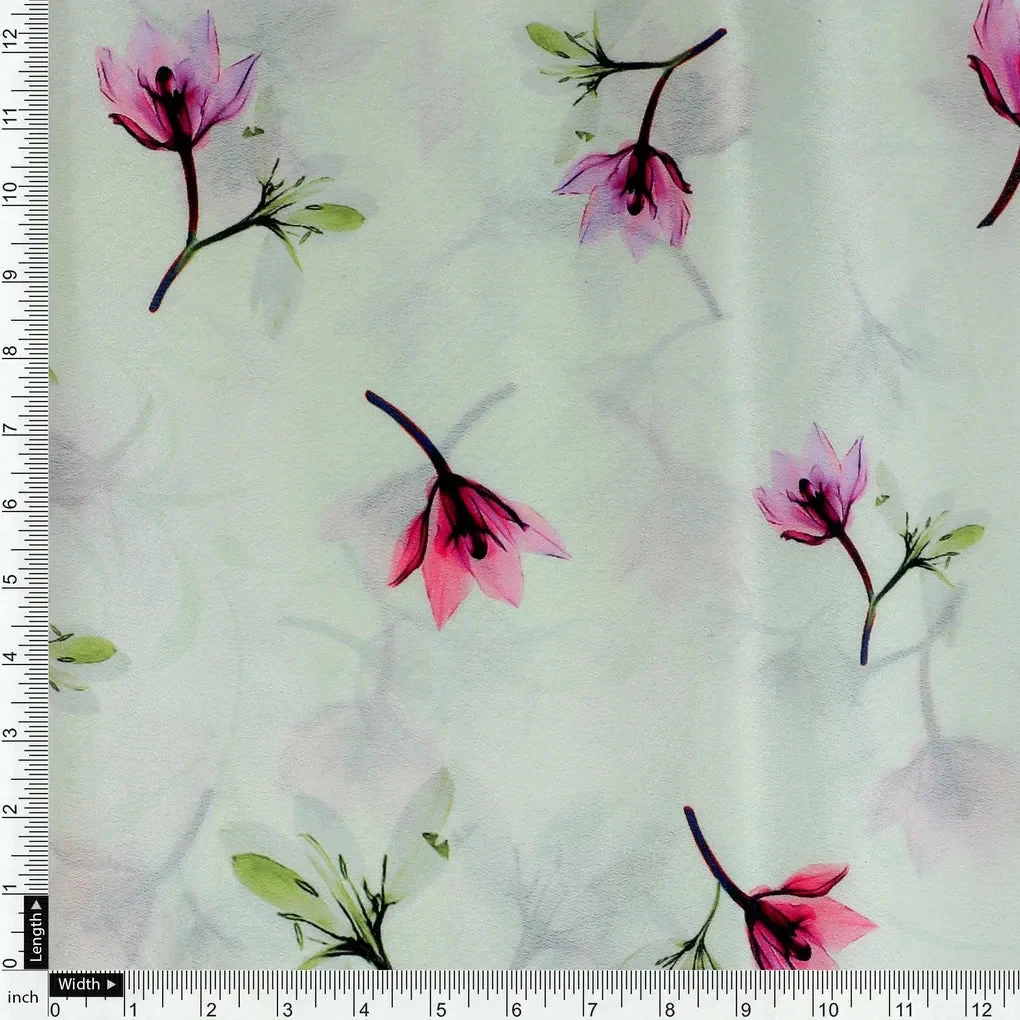 Pink Red Floating Flower On Lemon Yellow Digital Printed Fabric  - Crepe - Image 4