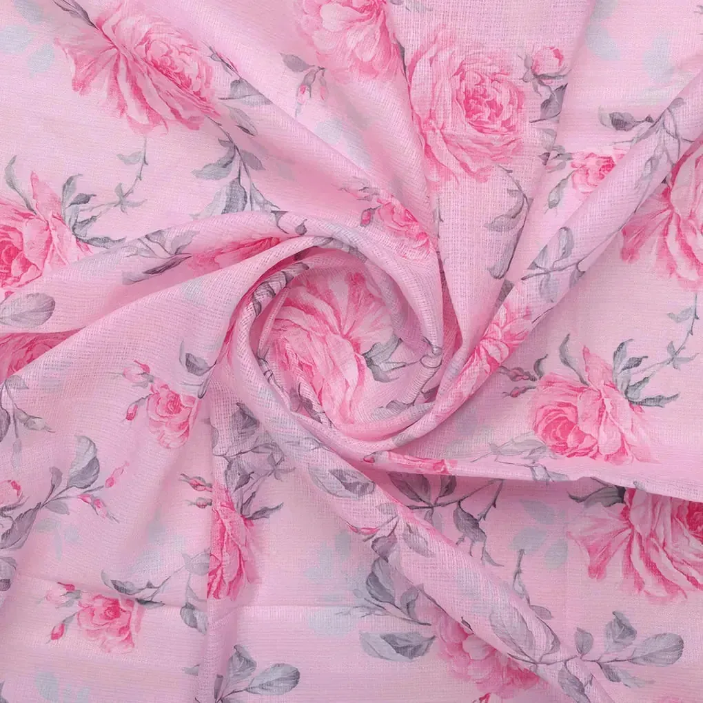 Pink Rose Allover Digital Printed Fabric - Kota Doria - Image 2