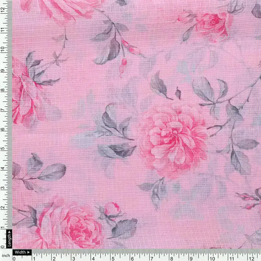 Pink Rose Allover Digital Printed Fabric - Kota Doria - Image 4
