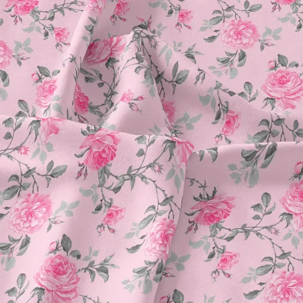 Pink Rose Allover Digital Printed Fabric - Tusser Silk - Image 3