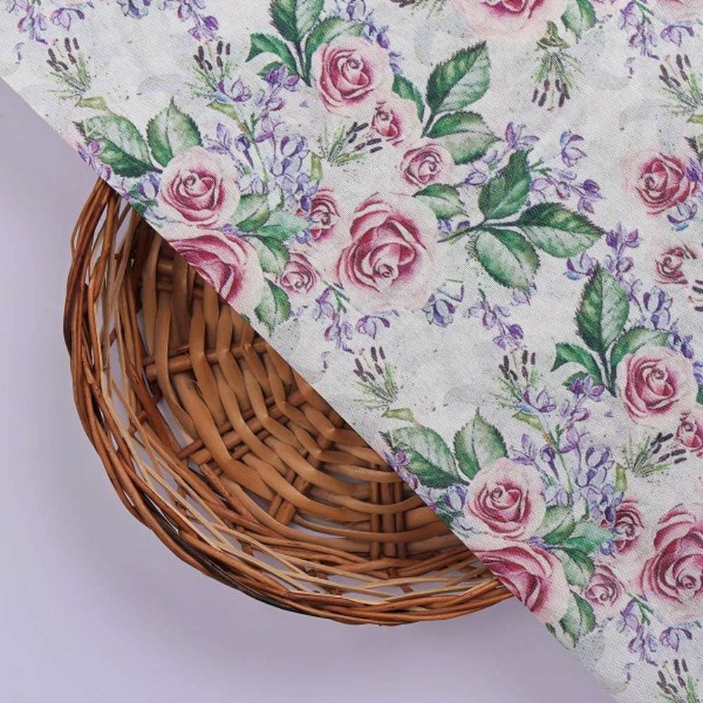 Pink Rose & Lavender Garden Tusser Silk Print Fabric - Image 2