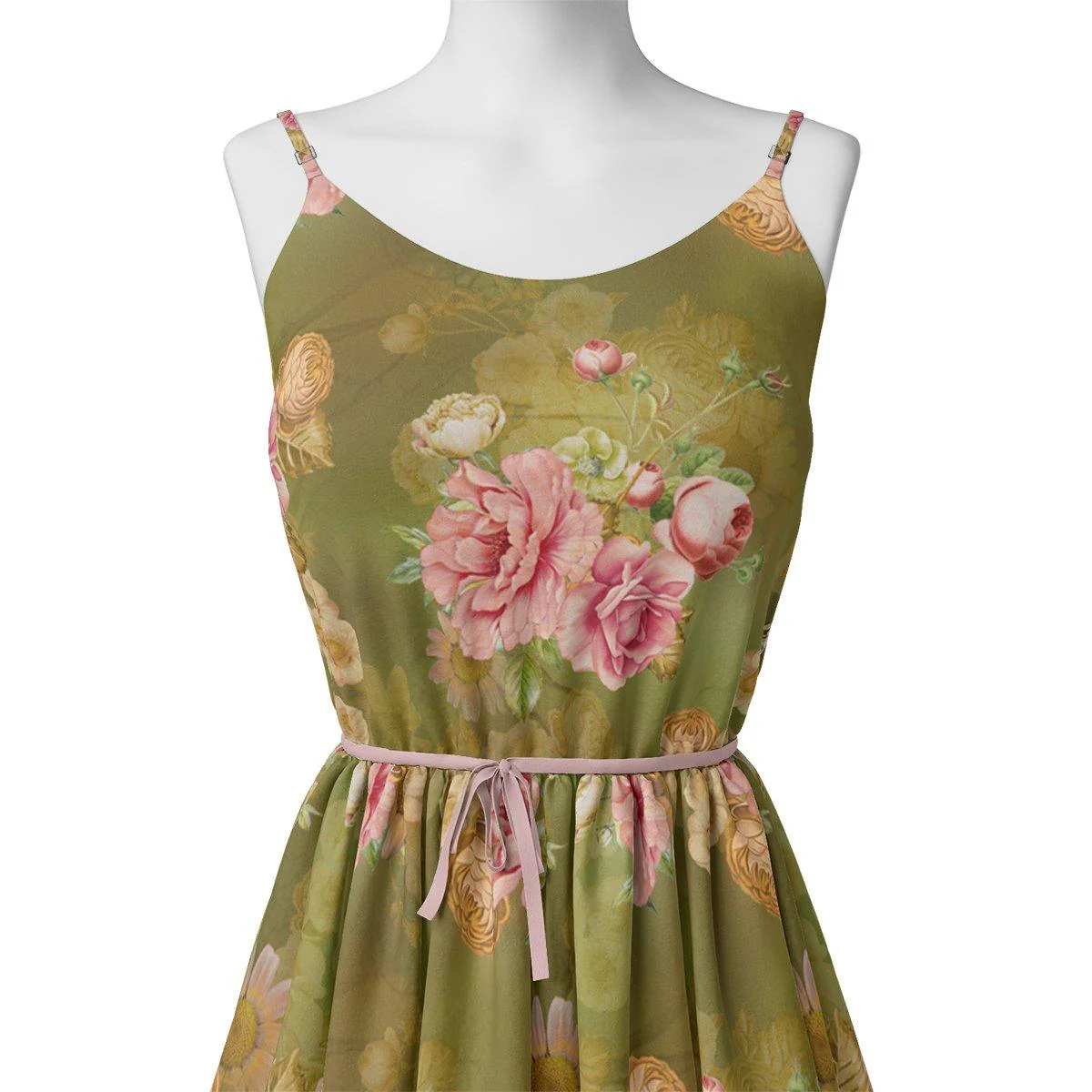 Pink Rose On Green Palate Digital Printed Fabric  - Kora Silk - Image 2