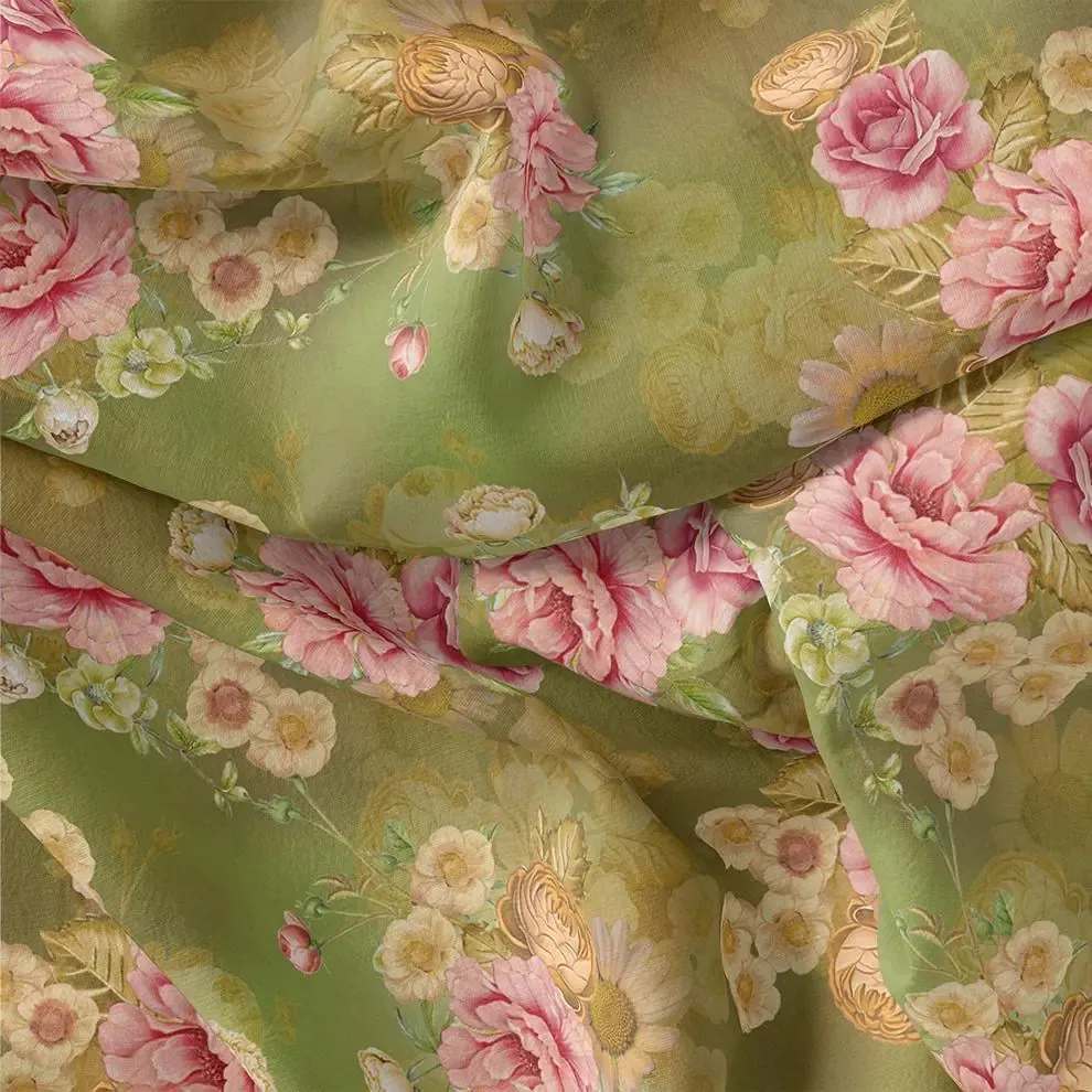 Pink Rose On Green Palate Digital Printed Fabric  - Kora Silk - Image 3