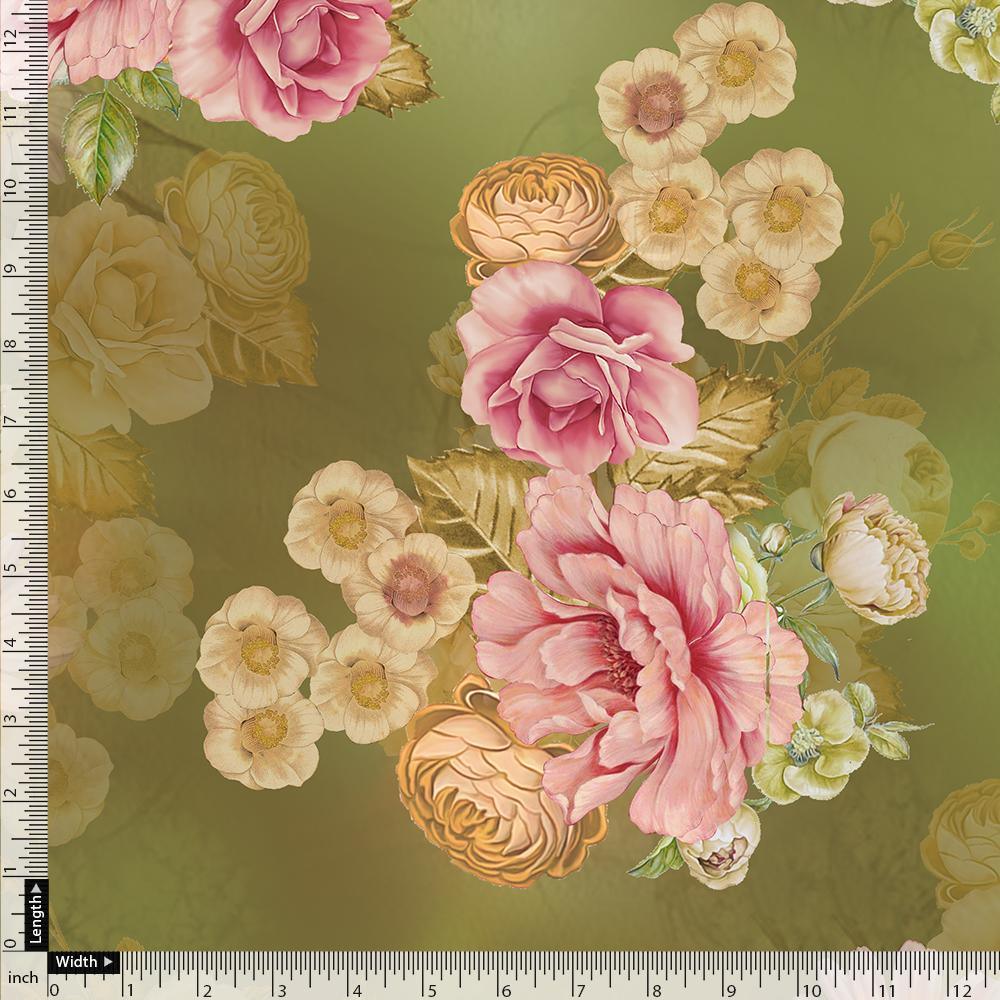 Pink Rose On Green Palate Digital Printed Fabric  - Kora Silk - Image 4