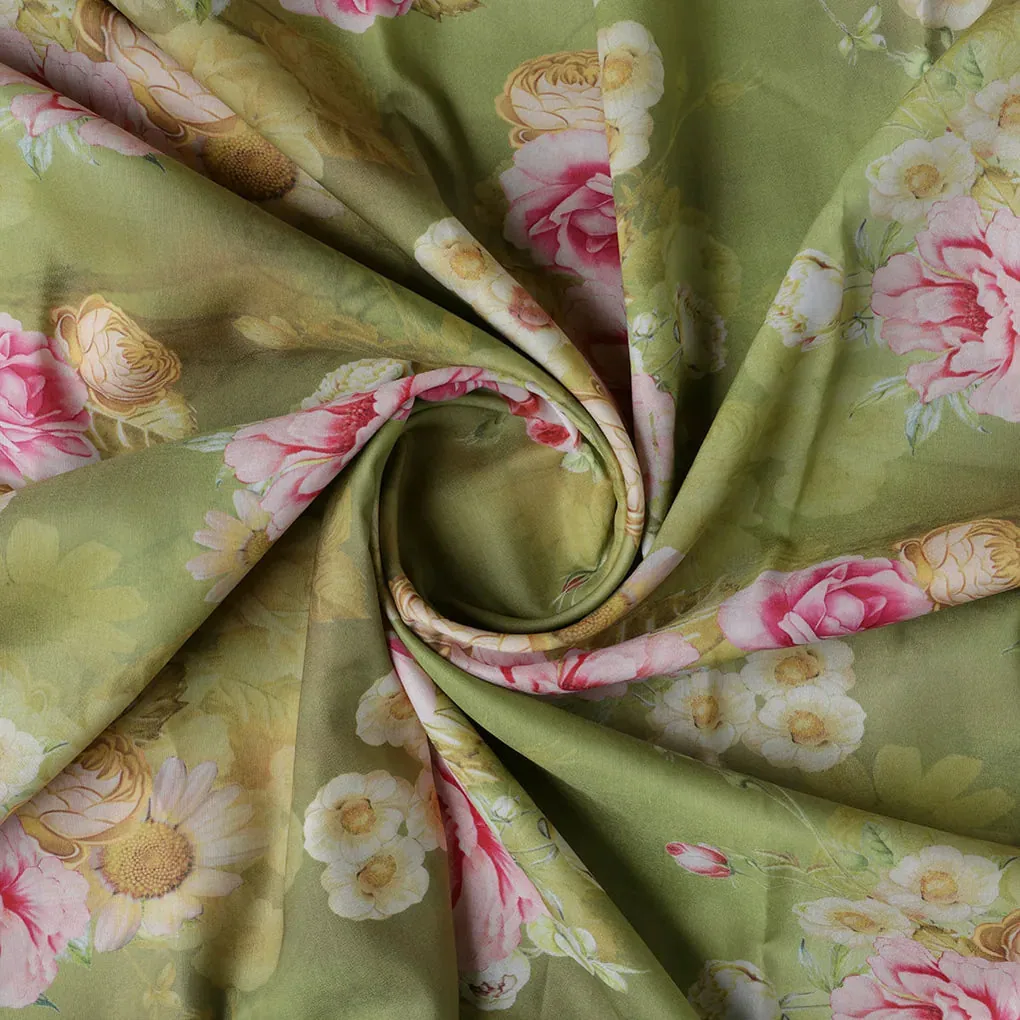 Pink Rose On Green Palate Digital Printed Fabric  - Muslin - Image 2