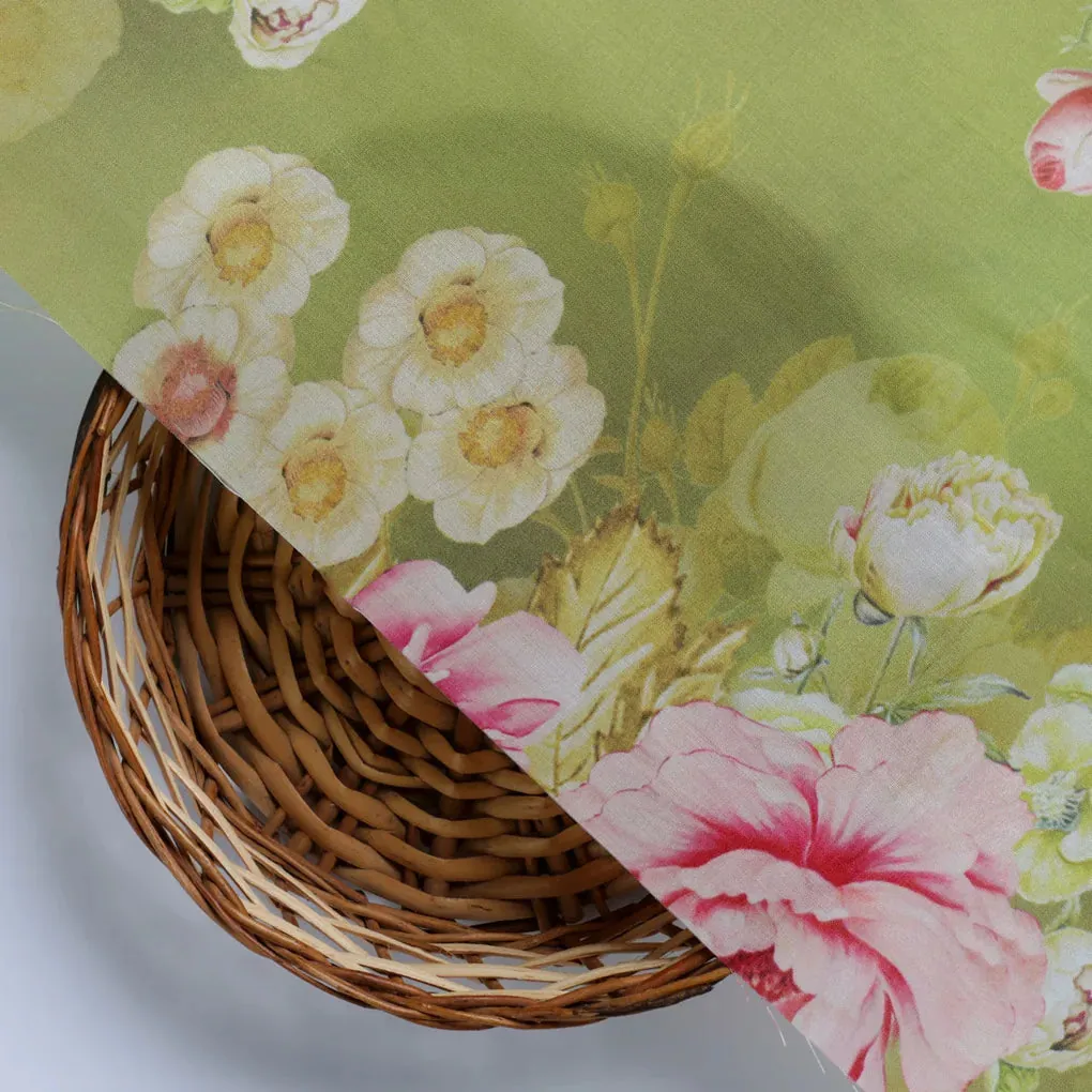 Pink Rose On Green Palate Digital Printed Fabric  - Muslin - Image 3