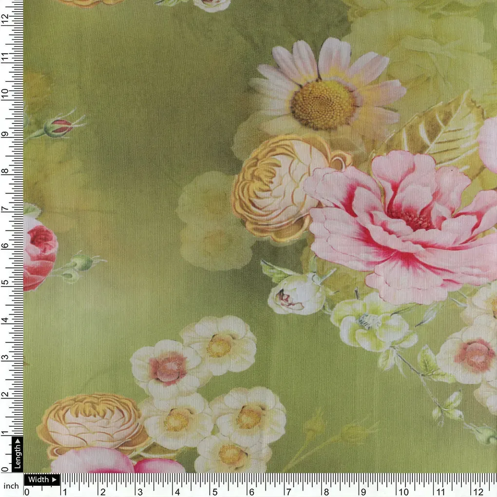 Pink Rose On Green Palate Digital Printed Fabric  - Muslin - Image 4