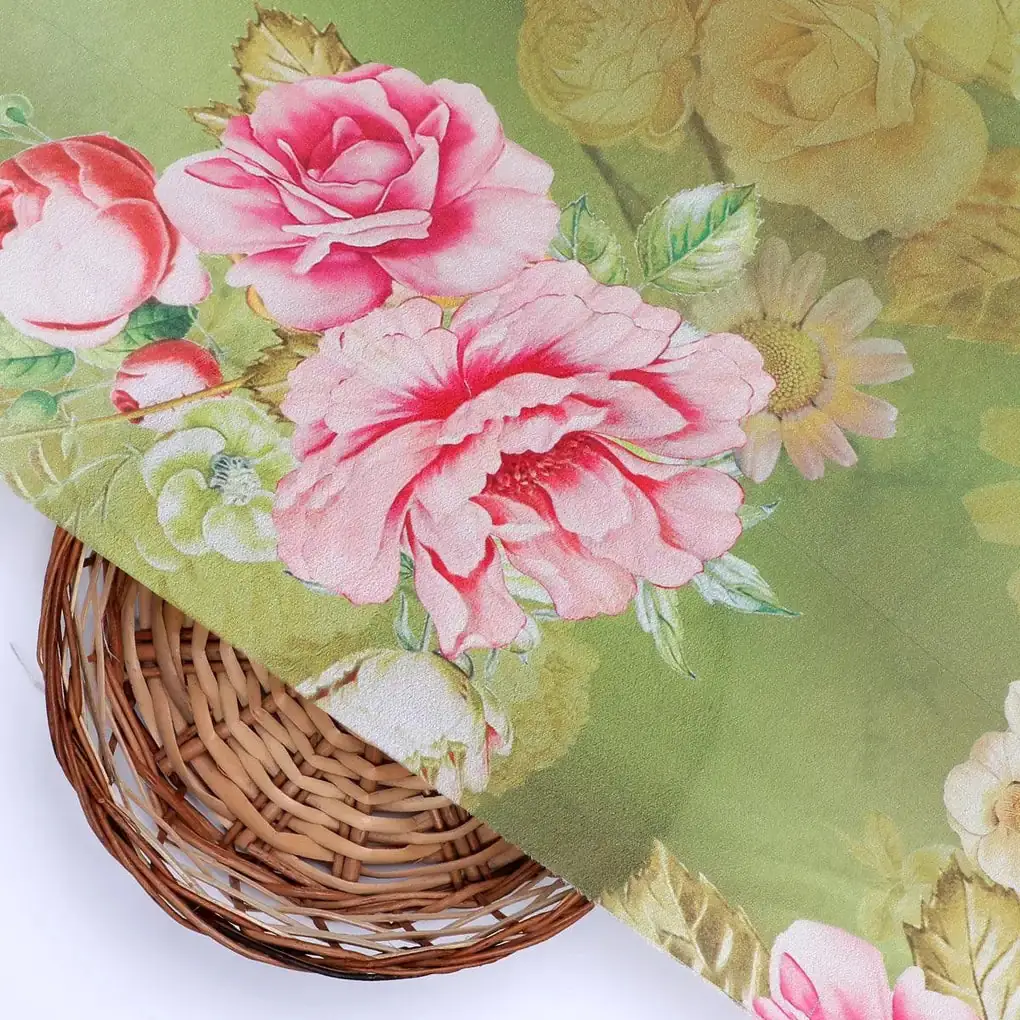Pink Rose On Green Palate Digital Printed Fabric  - Crepe - Image 2