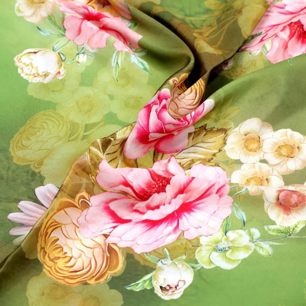 Pink Rose On Green Palate Digital Printed Fabric  - Crepe - Image 3
