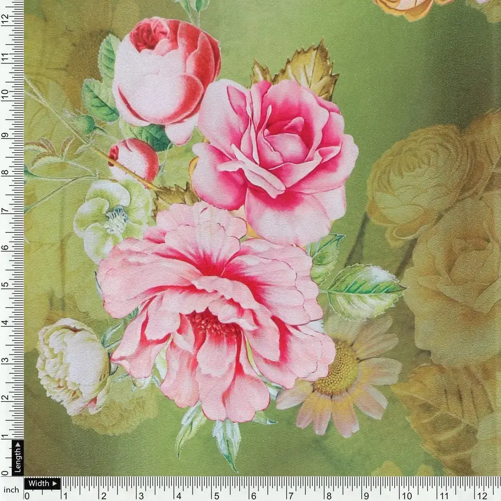 Pink Rose On Green Palate Digital Printed Fabric  - Crepe - Image 4