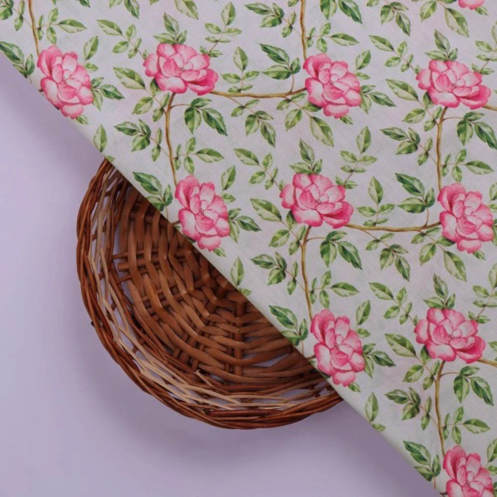 Pink Rose Vine Floral Print on Soft Muslin Fabric - Image 2