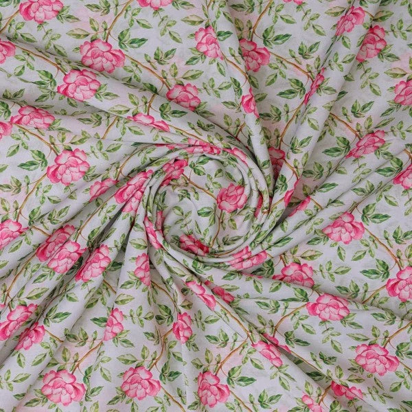 Pink Rose Vine Floral Print on Soft Muslin Fabric - Image 3