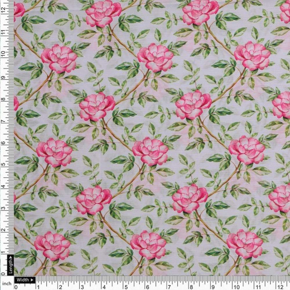 Pink Rose Vine Floral Print on Soft Muslin Fabric - Image 4