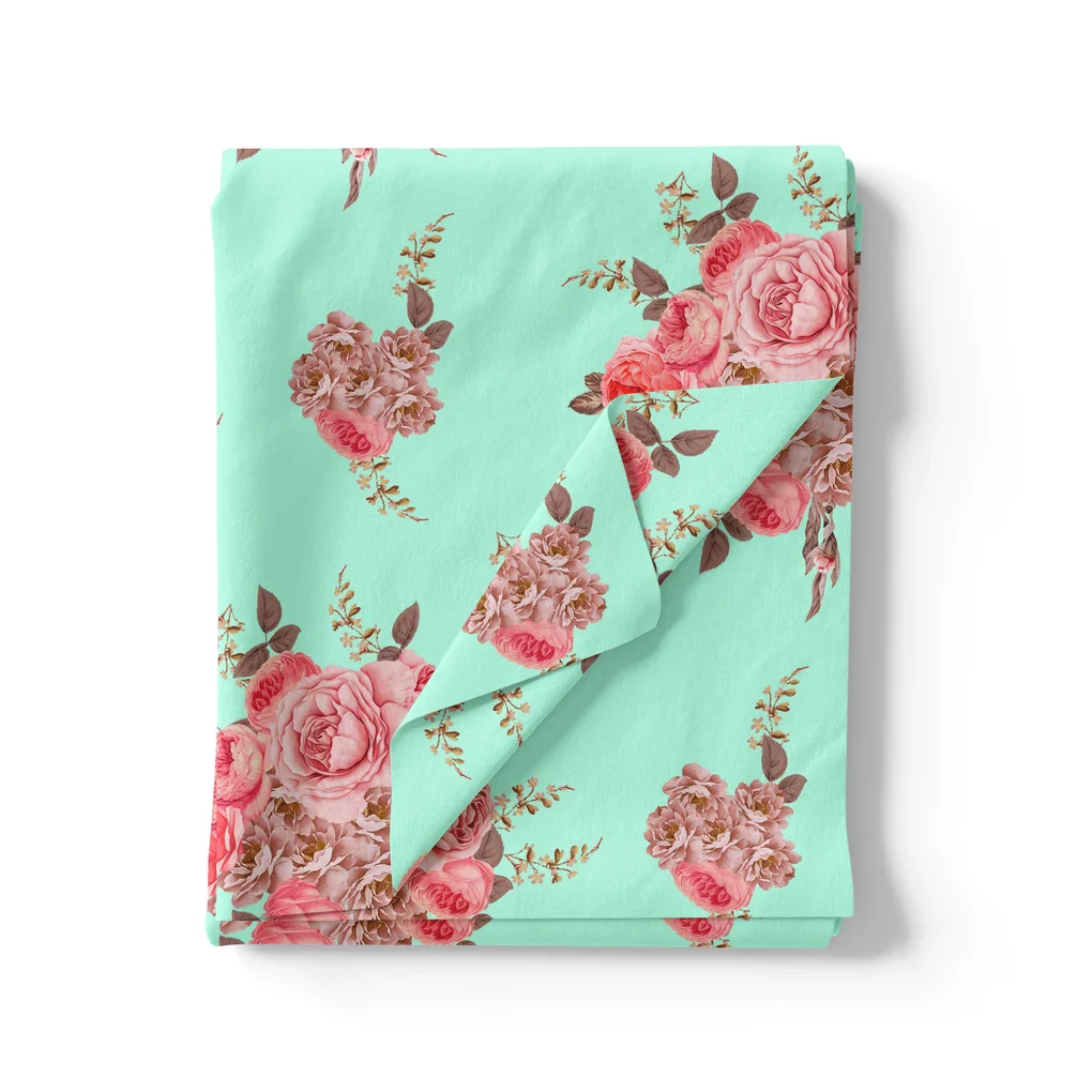 Pink Roses Brown Leaves Digital Printed Fabric - Image 3
