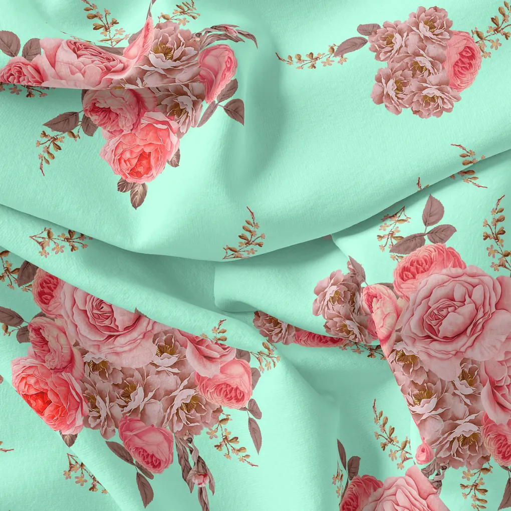 Pink Roses Brown Leaves Digital Printed Fabric - Silk Crepe - Image 4