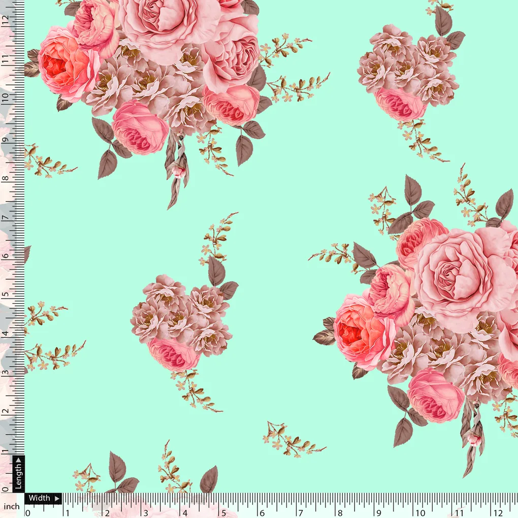 Pink Roses Brown Leaves Digital Printed Fabric - Silk Crepe - Image 5