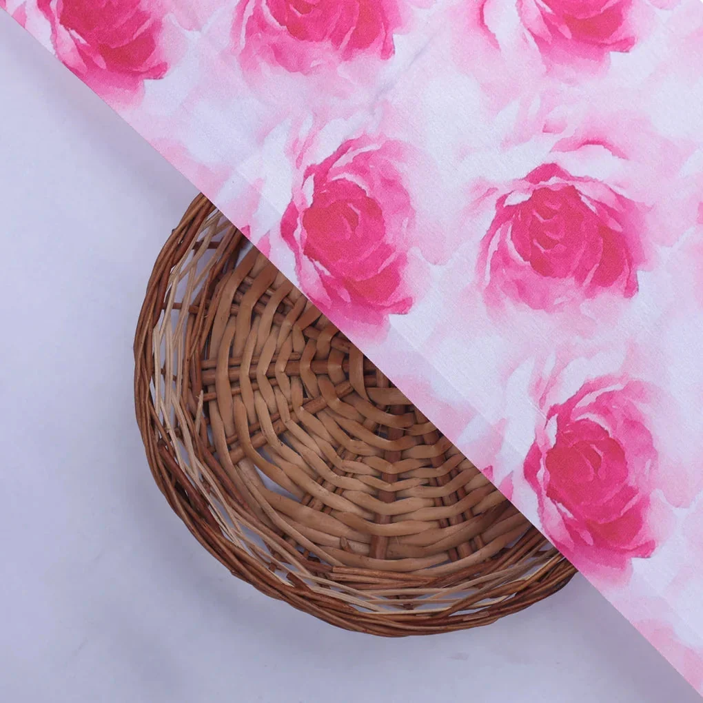 Pink Roses Printed Japan Satin Fabric - Image 2