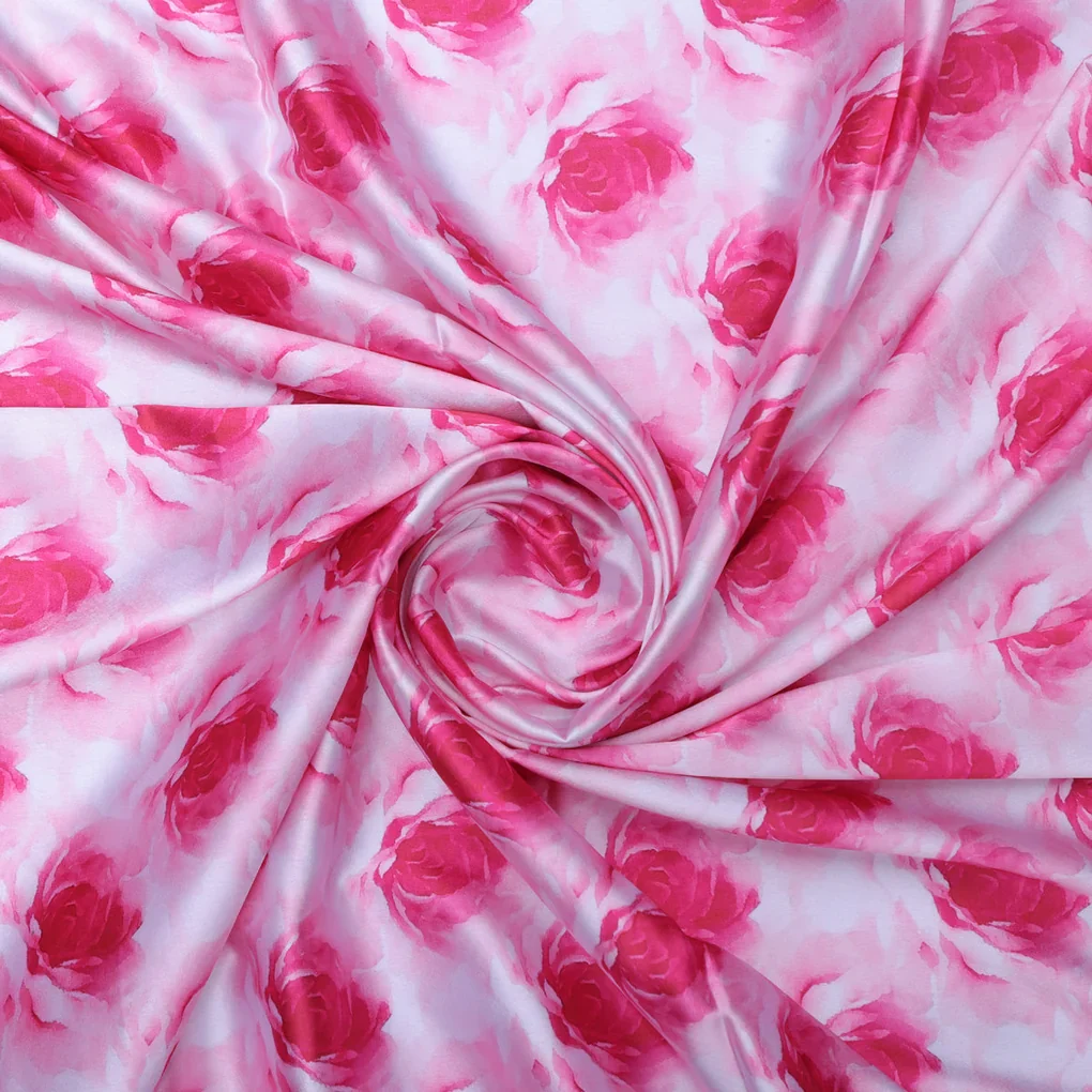 Pink Roses Printed Japan Satin Fabric - Image 3