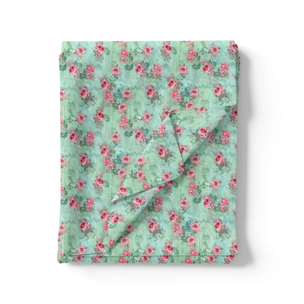 Pink Roses With Pista Background Roses Digital Printed Fabric - Image 3
