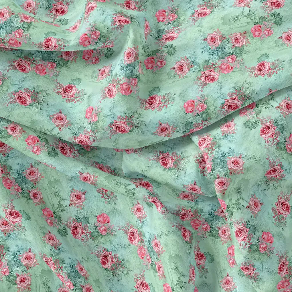 Pink Roses With Pista Background Roses Digital Printed Fabric - Image 4