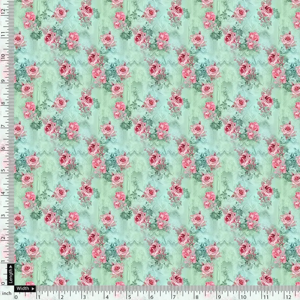 Pink Roses With Pista Background Roses Digital Printed Fabric - Image 5
