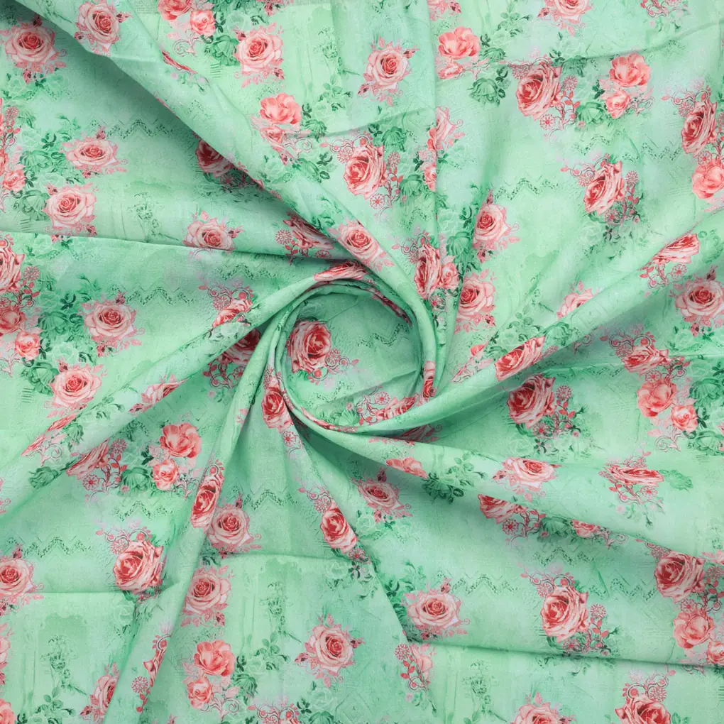 Pink Roses With Pista Background Roses Digital Printed Fabric - Pure Cotton - Image 2