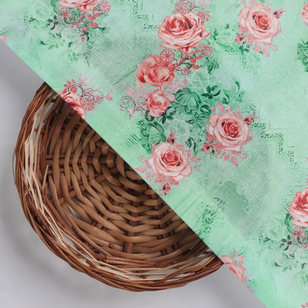Pink Roses With Pista Background Roses Digital Printed Fabric - Pure Cotton - Image 3