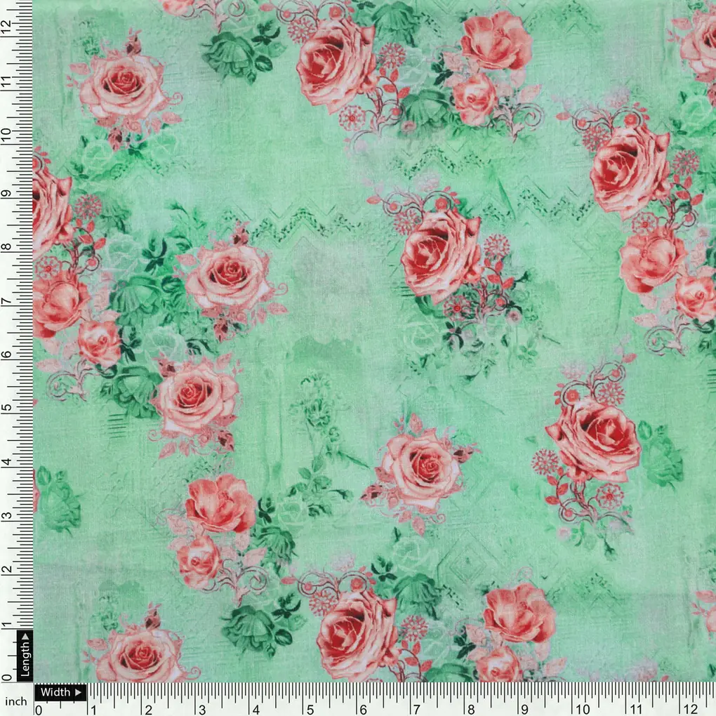 Pink Roses With Pista Background Roses Digital Printed Fabric - Pure Cotton - Image 4