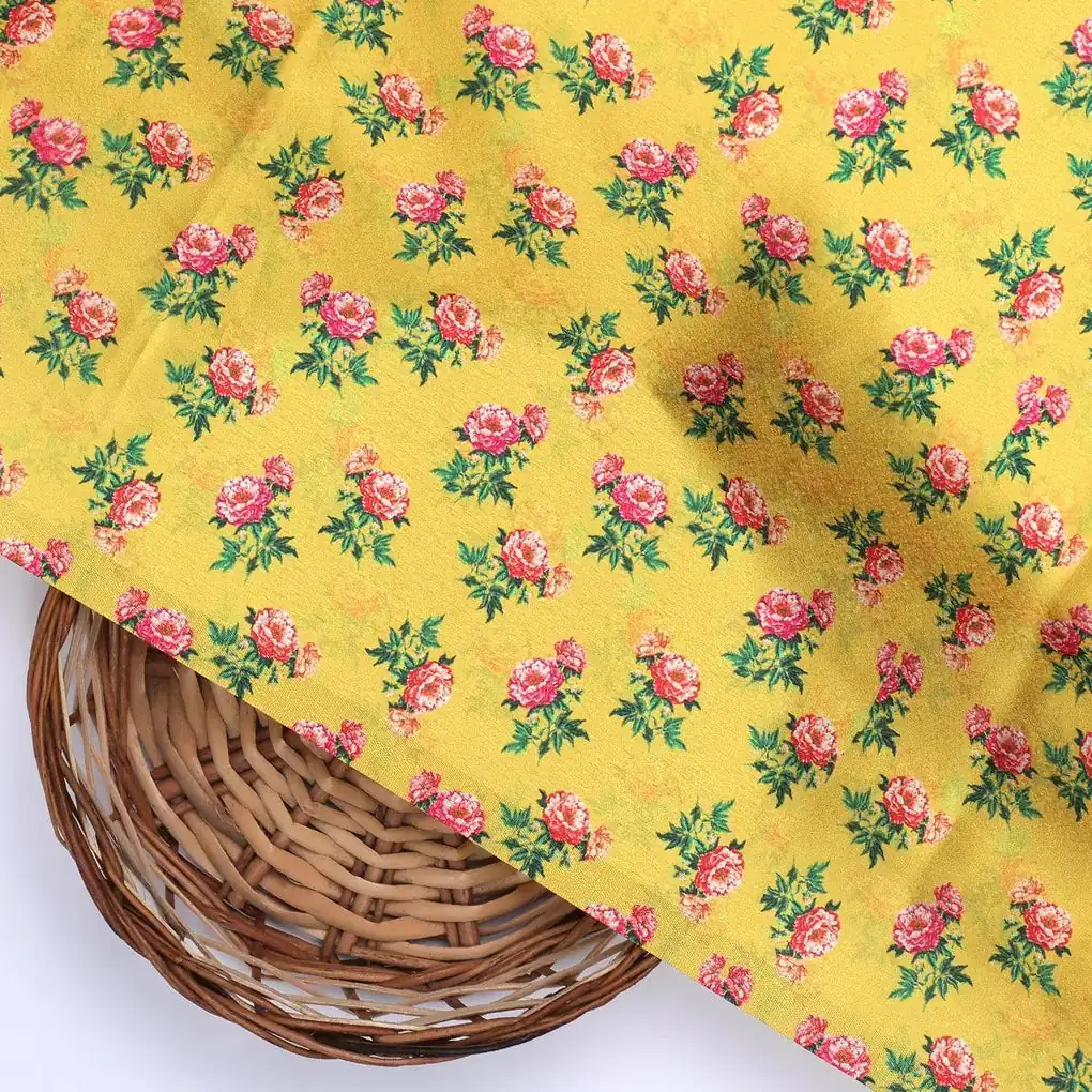 Pink Tiny Flower With Yellow Digital Printed Fabric - Japan Satin - Image 2