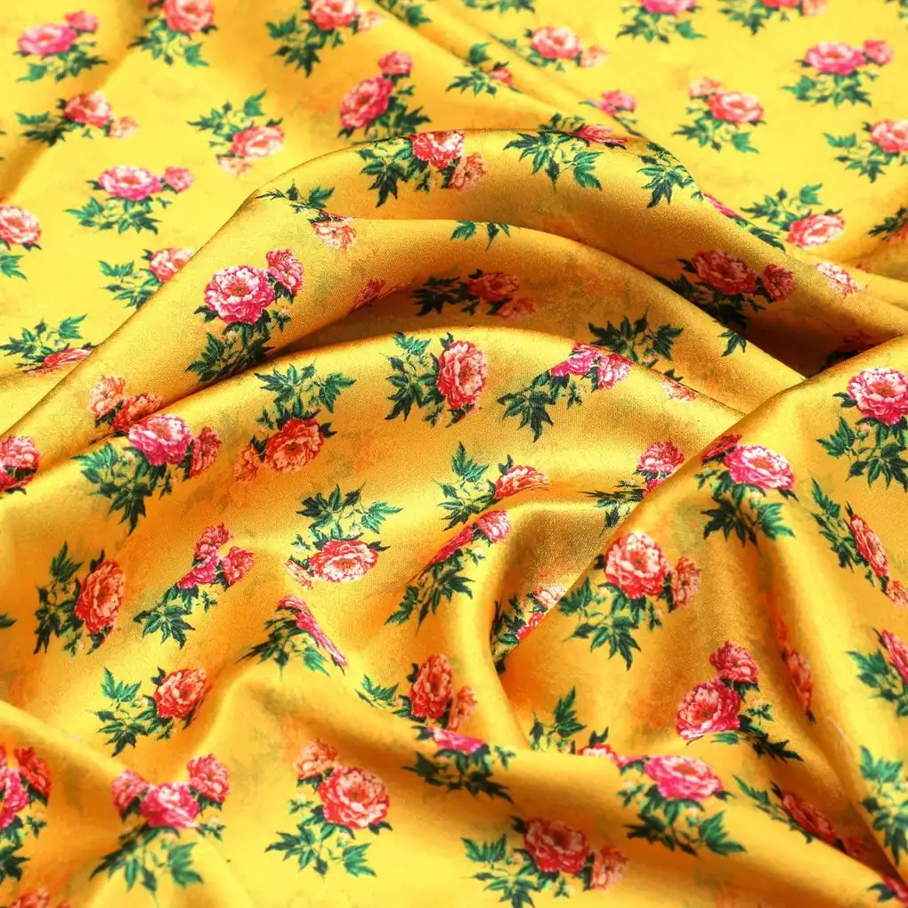 Pink Tiny Flower With Yellow Digital Printed Fabric - Japan Satin - Image 3