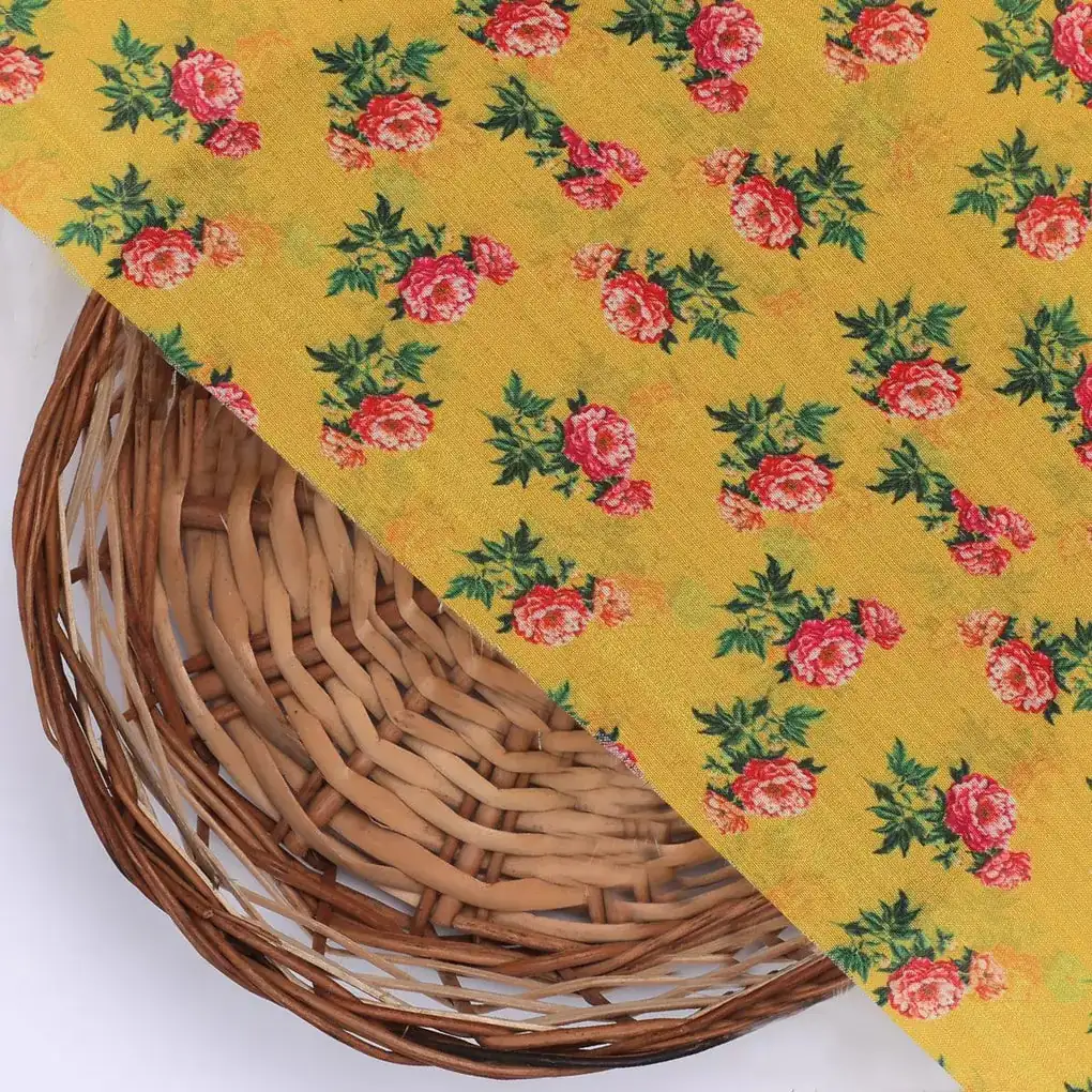 Pink Tiny Flower With Yellow Digital Printed Fabric - Kora Silk - Image 2