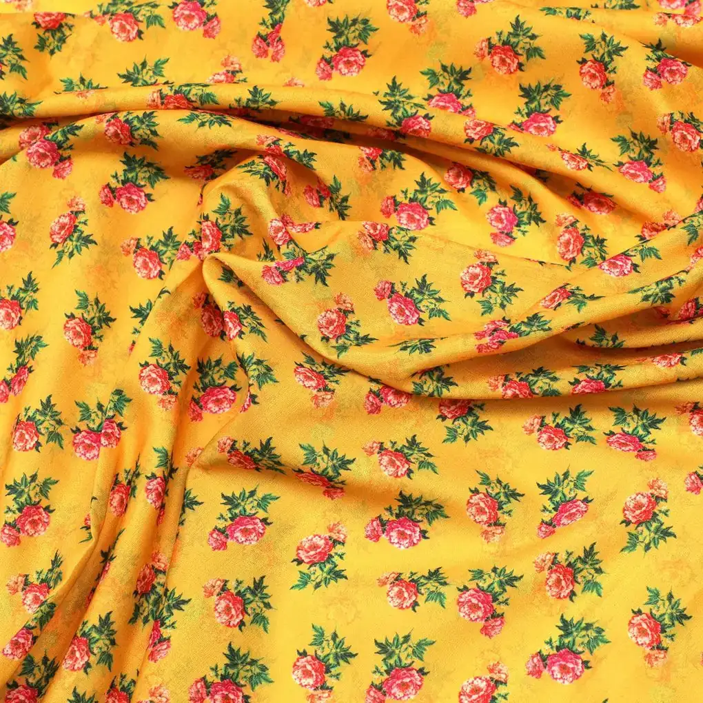 Pink Tiny Flower With Yellow Digital Printed Fabric - Kora Silk - Image 3