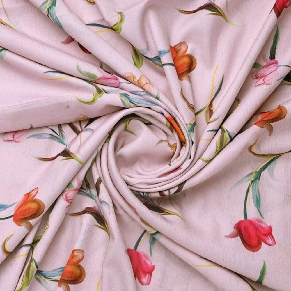 Pink Tulip Floral Print Premium Polyester Fabric for Apparel - Image 2