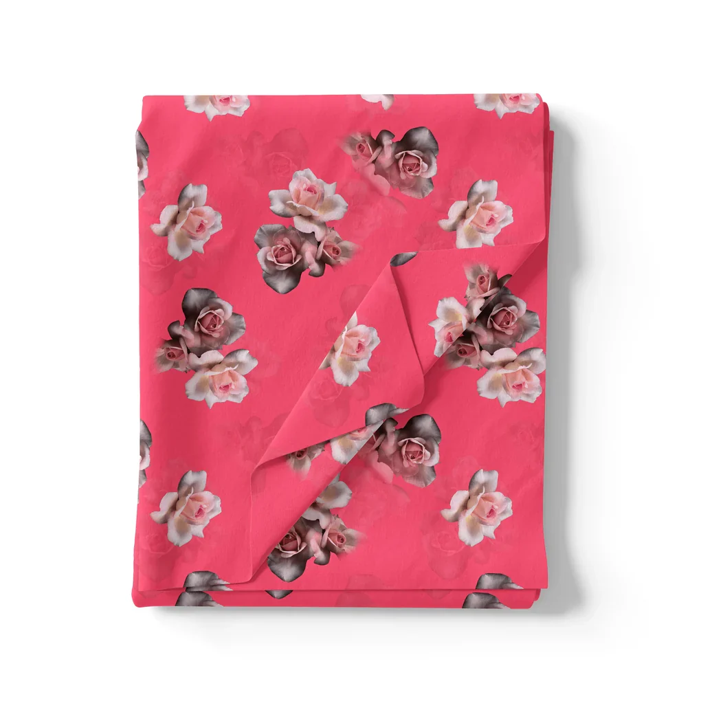 Pinkish Background With Valvet Roses Digital Printed Fabric - Kora Silk - Image 3