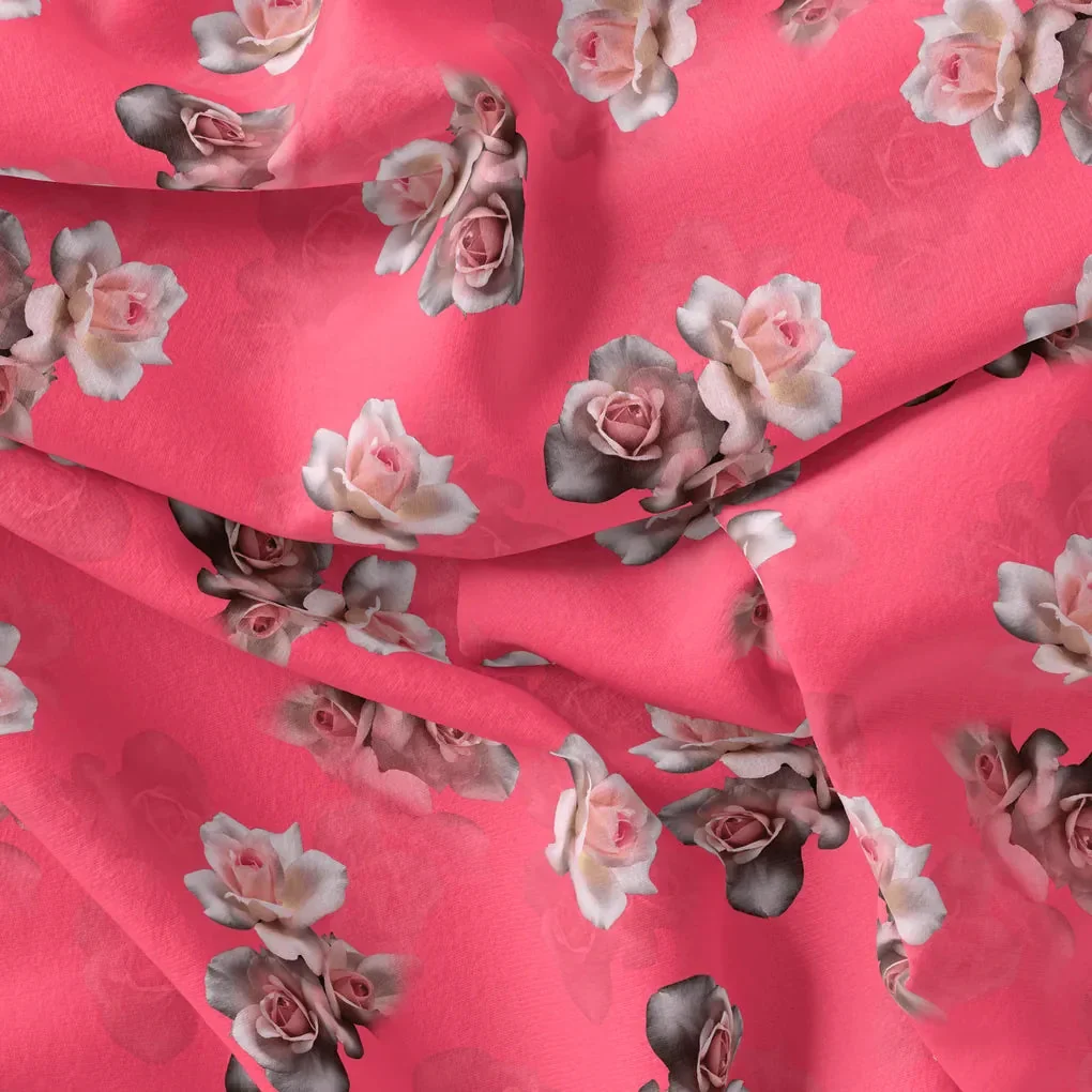 Pinkish Background With Valvet Roses Digital Printed Fabric - Pure Georgette - Image 4