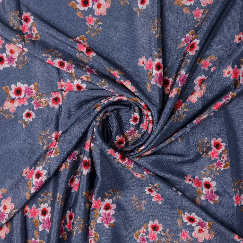 Pinkish Flowers With Neavy Blue Digital Printed Fabric - Japan Satin - Image 2