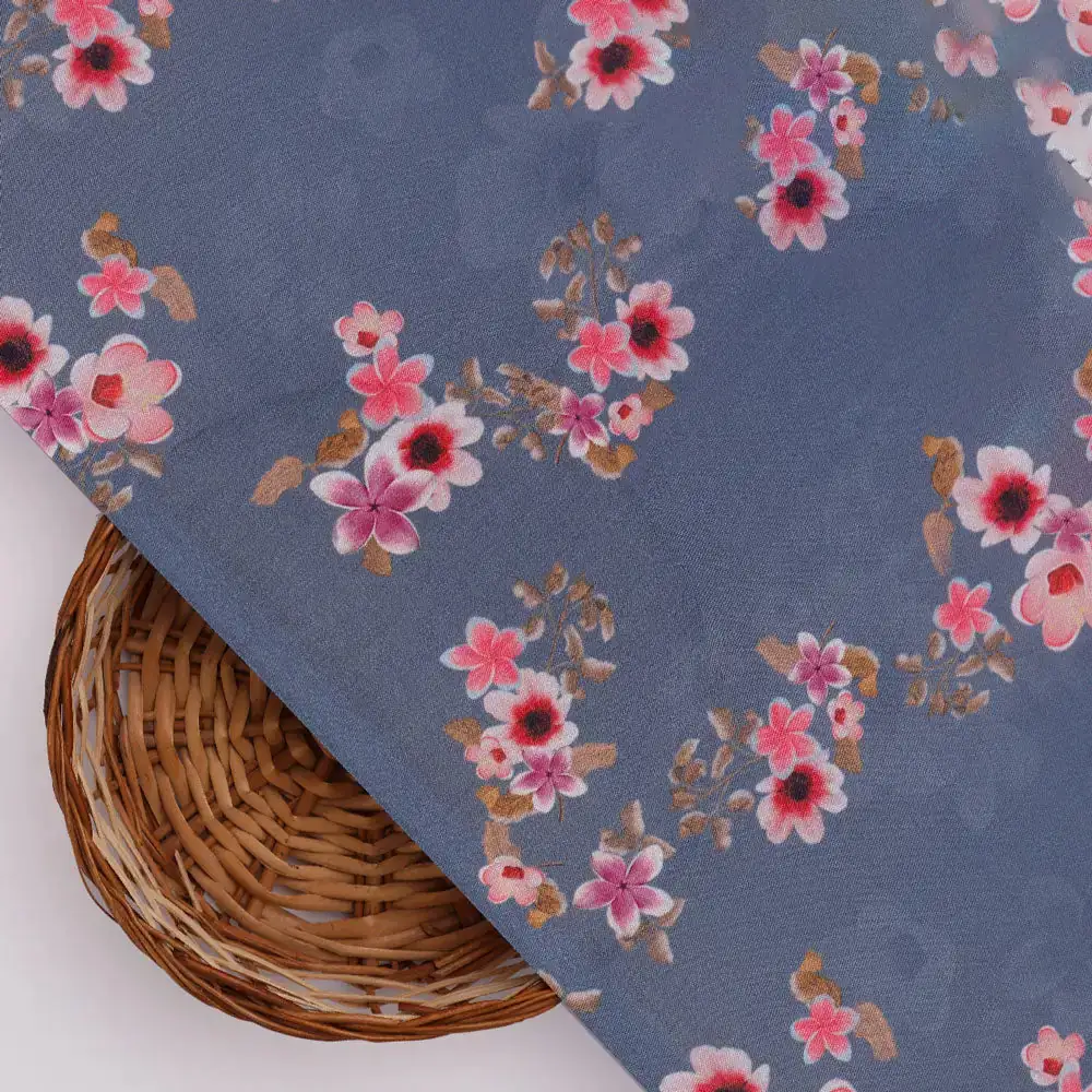 Pinkish Flowers With Neavy Blue Digital Printed Fabric - Japan Satin - Image 3